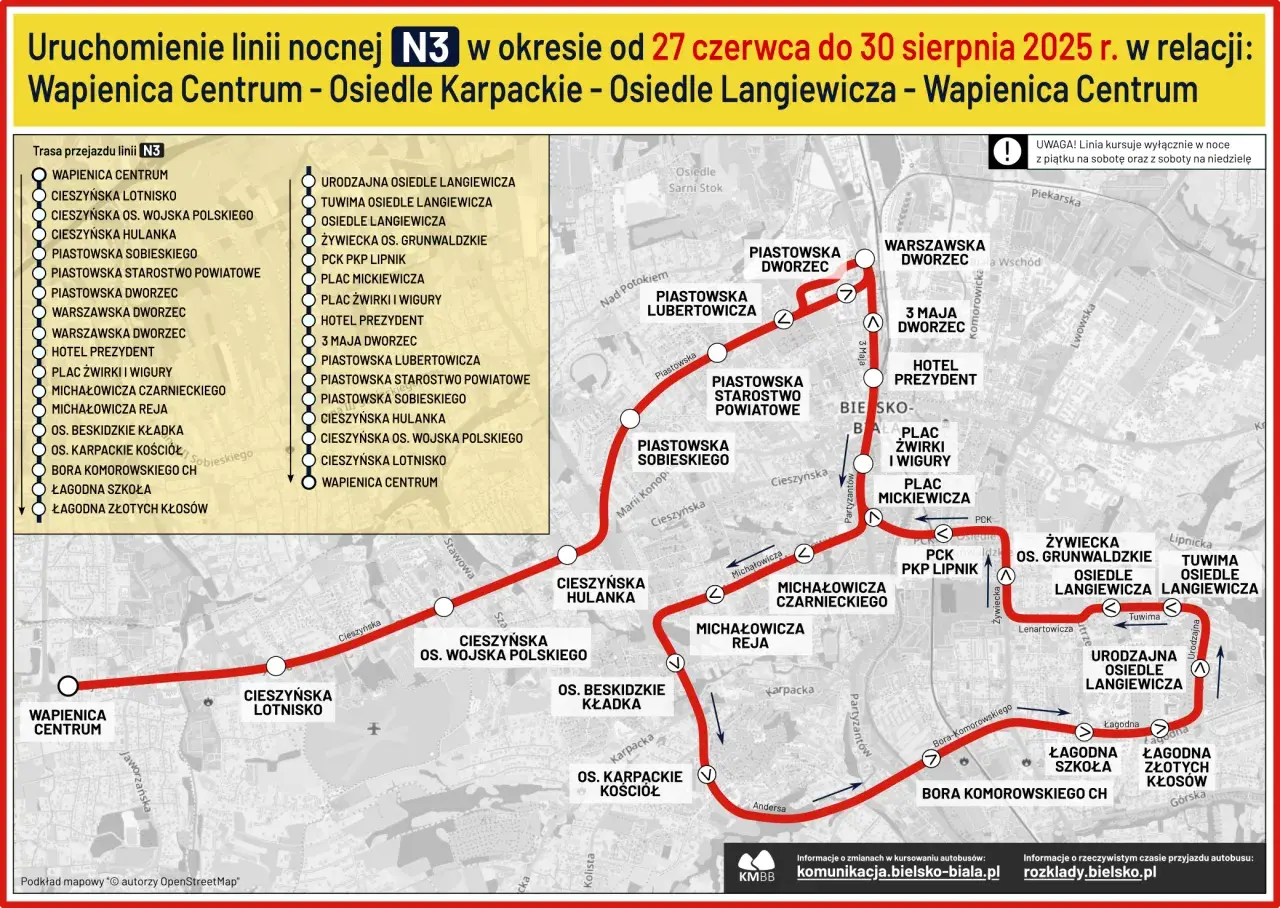 Mapa nocnej linii autobusowej N3 w Bielsku-Białej, trasa WAPNICA CENTRUM - OSIEDLE KARPACKIE - OSIEDLE LANGIEWICZA.