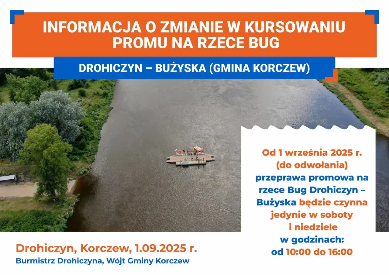 Przystań promowa Drohiczyn – Bużyska na rzece Bug. Prom kursuje w weekendy od 10:00 do 16:00.