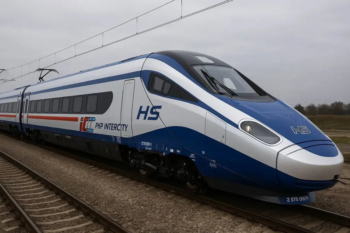 Nowoczesny pociąg PKP Intercity HS na torach. Zastanawiasz się, ile jedzie Intercity na godzinę? Ten szybki skład pokonuje setki kilometrów.