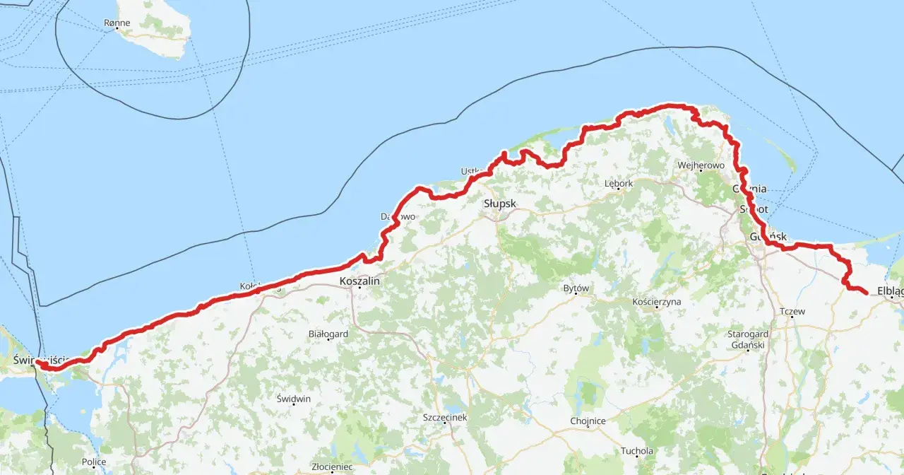 Mapa pokazuje trasę z Świnoujścia do Dąbków nad morzem.