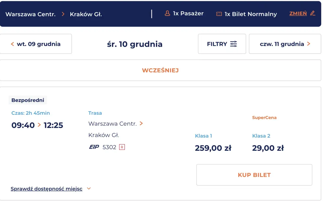 Promocje na bilety PKP: Warszawa - Kraków, śr. 10 grudnia. SuperCena na klasę 2 za 29 zł.