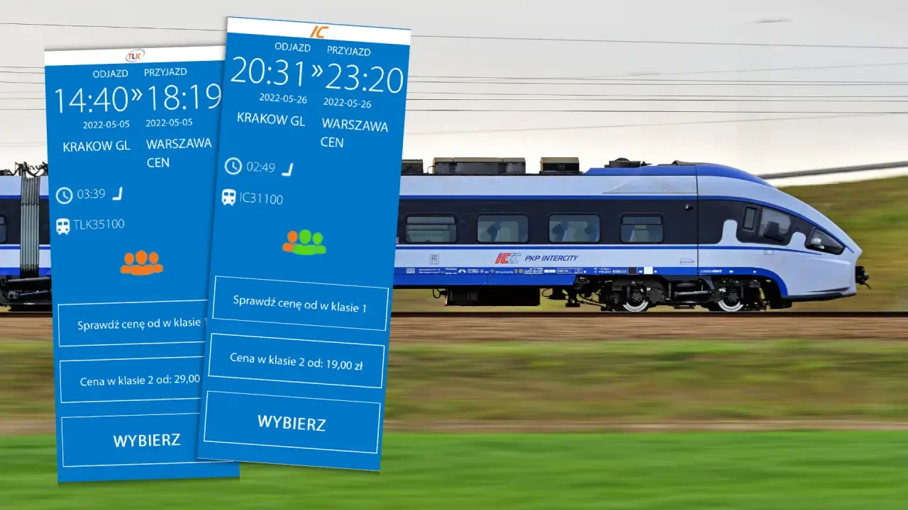 Dwa ekrany z rozkładem jazdy PKP Intercity pokazują podróż z Krakowa do Warszawy. To właśnie znaczy intercity – szybkie połączenia kolejowe.