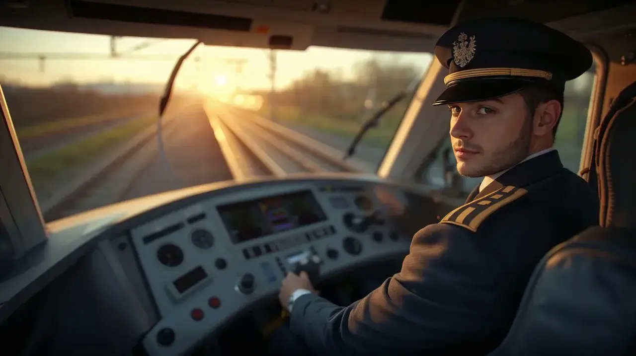 Maszynista Intercity w kabinie, patrzący w obiektyw. Zachód słońca za oknem. Ciekawe, ile zarabia maszynista w Intercity?