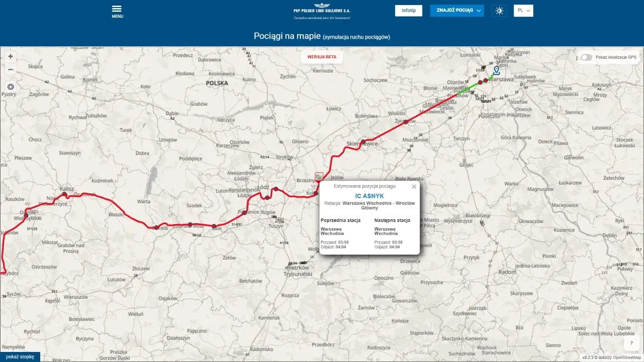 Mapa pokazuje trasę pociągu IC Asnyk. Aktualnie pociąg znajduje się między Warszawą Wschodnią a Wrocławiem Głównym.