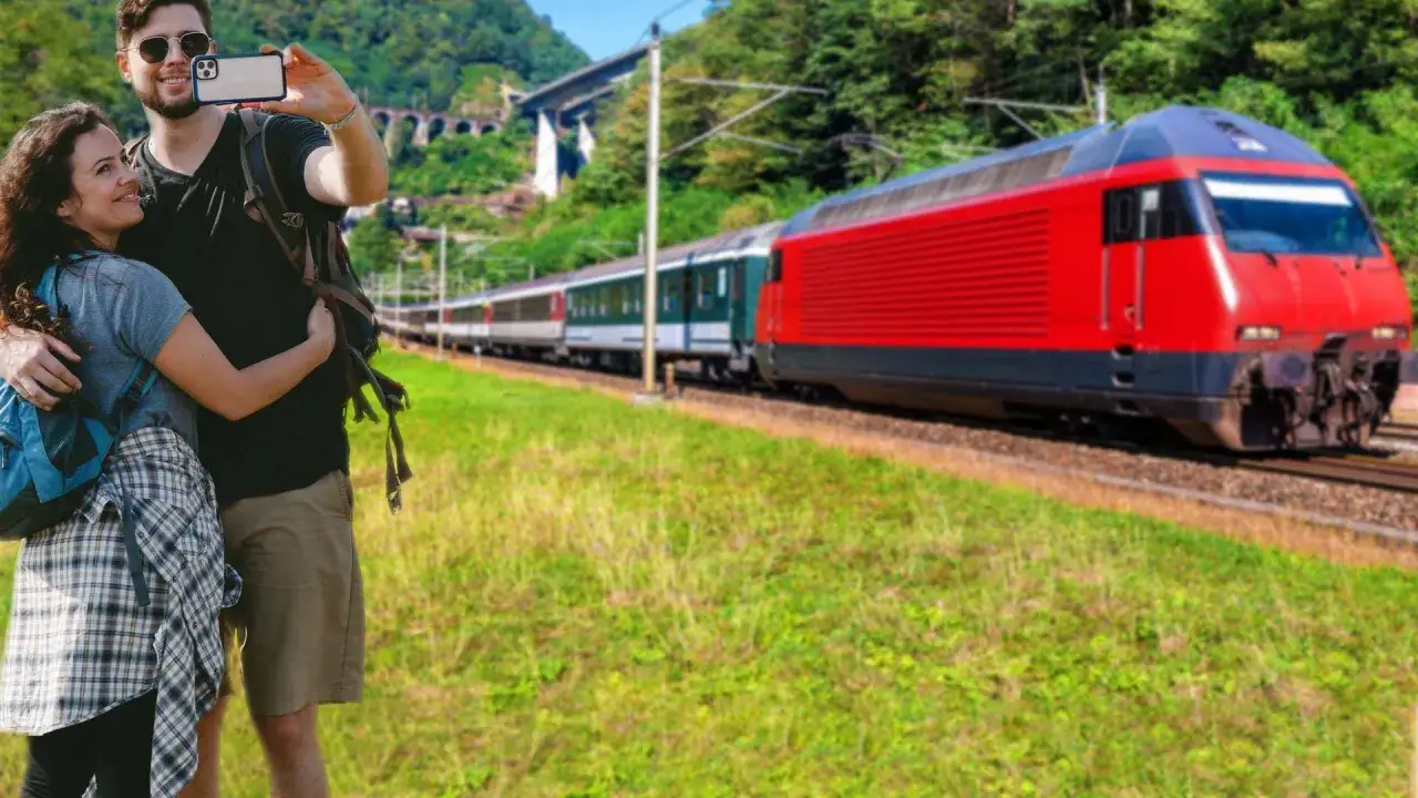Para podróżnych robi sobie selfie na tle pociągu. Zastanawiają się, ile jedzie pociąg z Poznania do Krakowa.