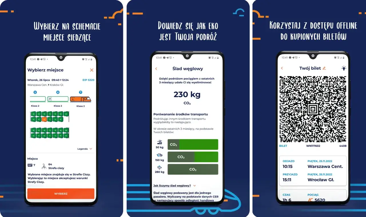 Aplikacja mobilna navigator pokazuje wybór miejsc w pociągu, ślad węglowy podróży i bilet offline.