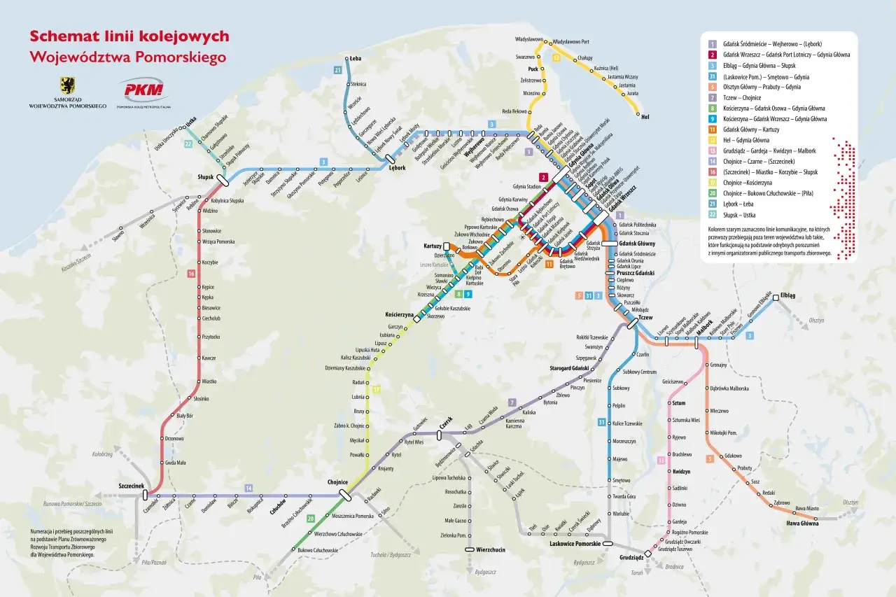 Mapa Pomorskiej Kolei Metropolitalnej. Linia 21 (Lębork-Łeba) i 22 (Słupsk-Ustka) pokazują, jak dojechać pociągiem do Pobierowa.