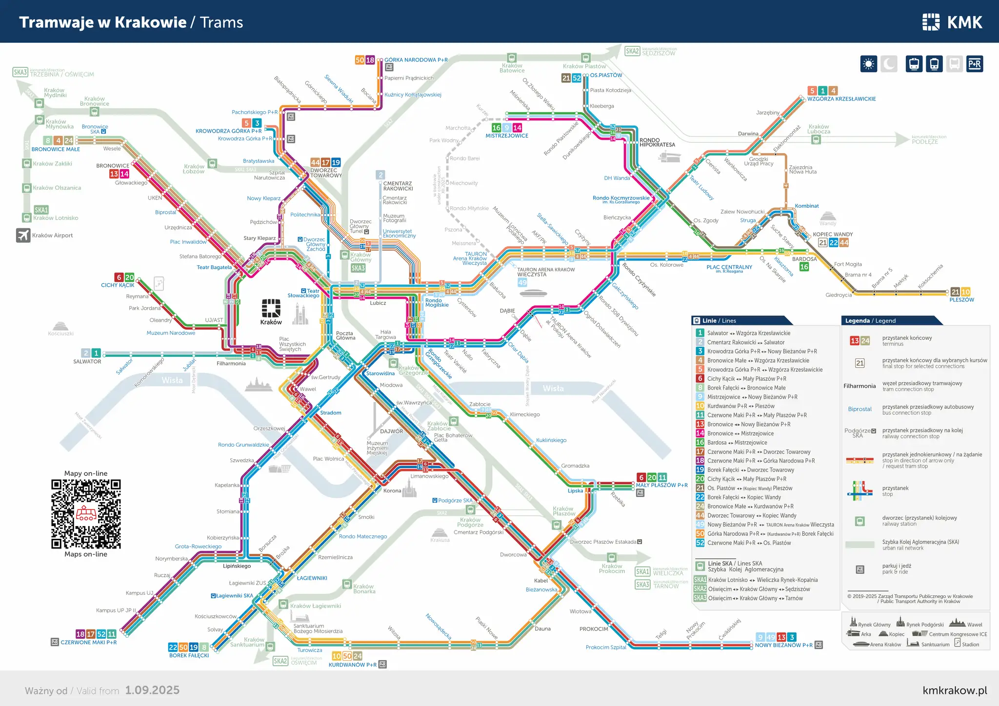 Mapa pokazuje, ile jest z dworca na rynek w Krakowie. Linie tramwajowe i SKA łączą kluczowe punkty miasta.