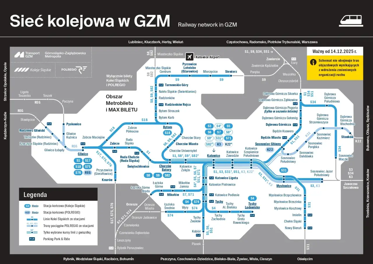 Mapa sieci kolejowej GZM. Wyjaśnienie, co to znaczy bilet ulgowy, znajdziesz w legendzie.