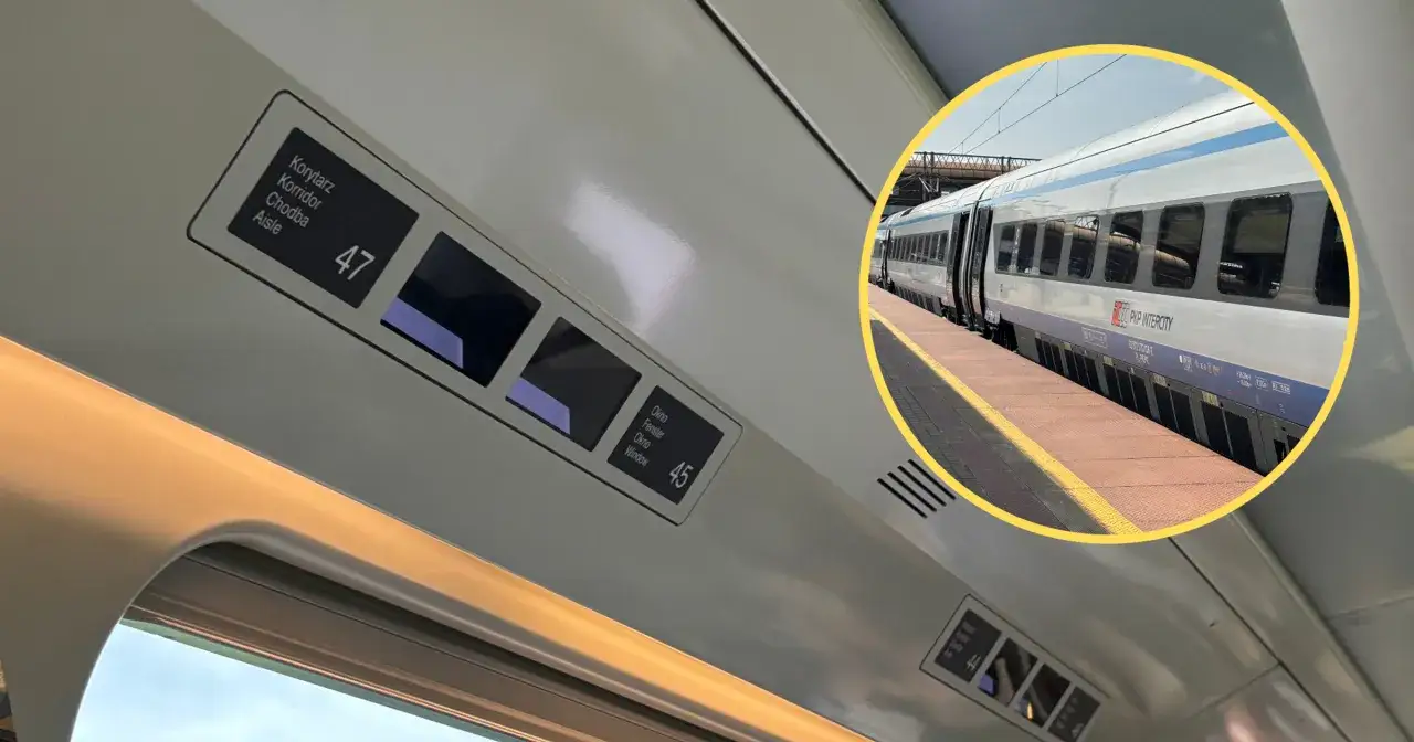 Wnętrze pociągu PKP Intercity, z widocznymi numerami miejsc 47 i 45. Czy to Pendolino?