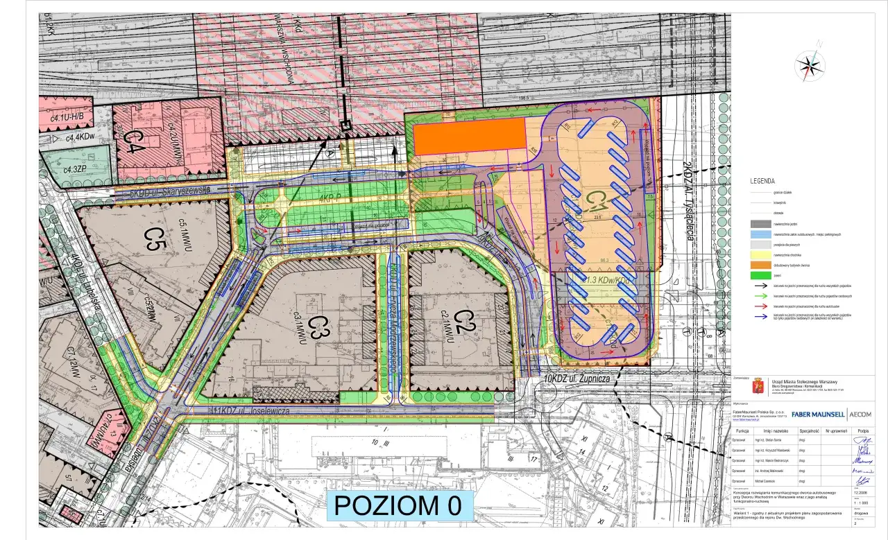 Plan zagospodarowania terenu z zaznaczonym tymczasowym dworcem autobusowym, parkingami, drogami i zielenią.