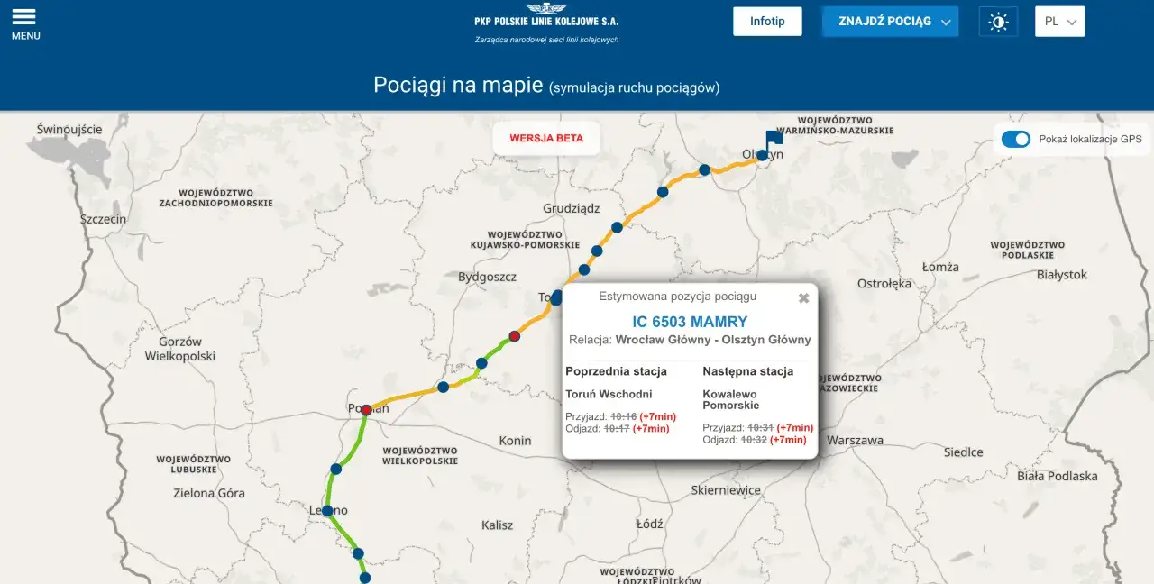 Mapa pokazuje trasę pociągu IC 6503 MAMRY. Gdzie jest teraz pociąg? Między Toruniem Wschodnim a Kowalewem Pomorskim, z opóźnieniem.