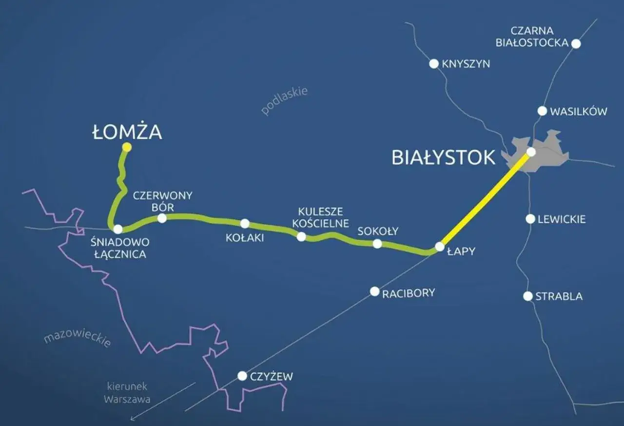 Mapa przedstawia planowany pociąg do Łomży, łączący ją z Białymstokiem i innymi miejscowościami, jak Łapy, Sokoly, Kolaki, Czerwony Bór, Śniadowo Łącznica.