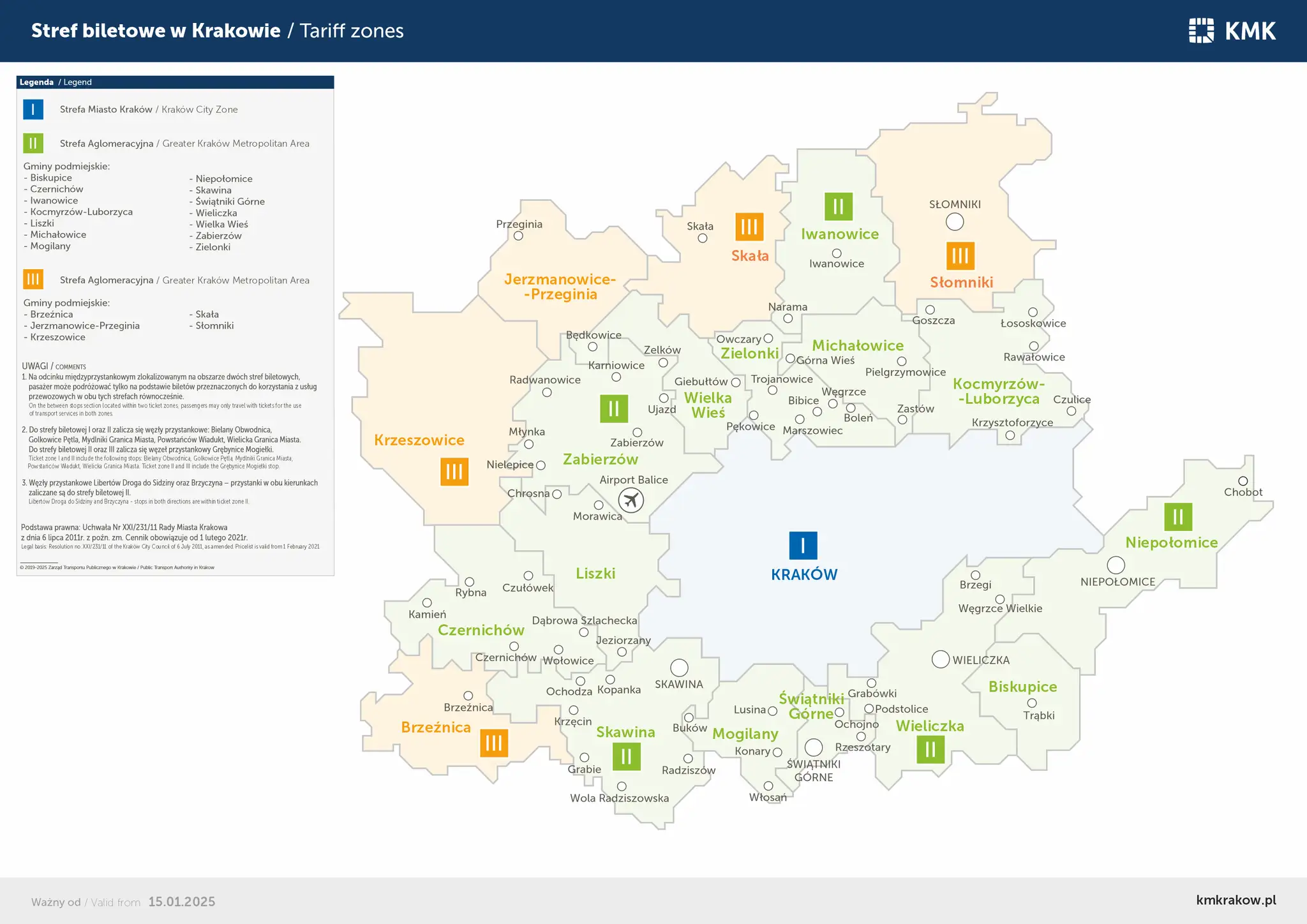 Mapa stref biletowych Krakowa i okolic. Strefa I to Kraków, II i III to aglomeracja. Co to znaczy bilet ulgowy? Zależy od strefy i przewoźnika.
