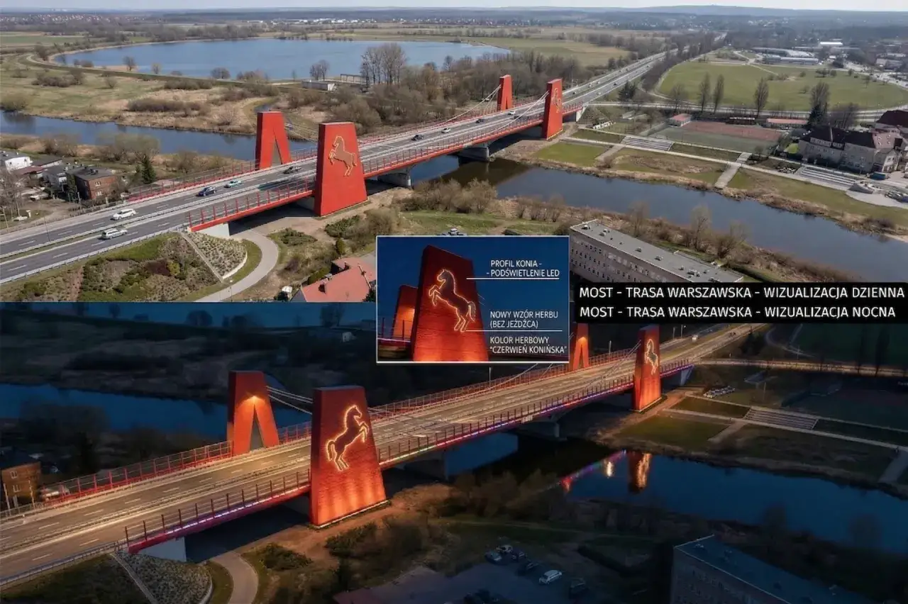 Most Unii Europejskiej z herbem konia, nocą i dniem.