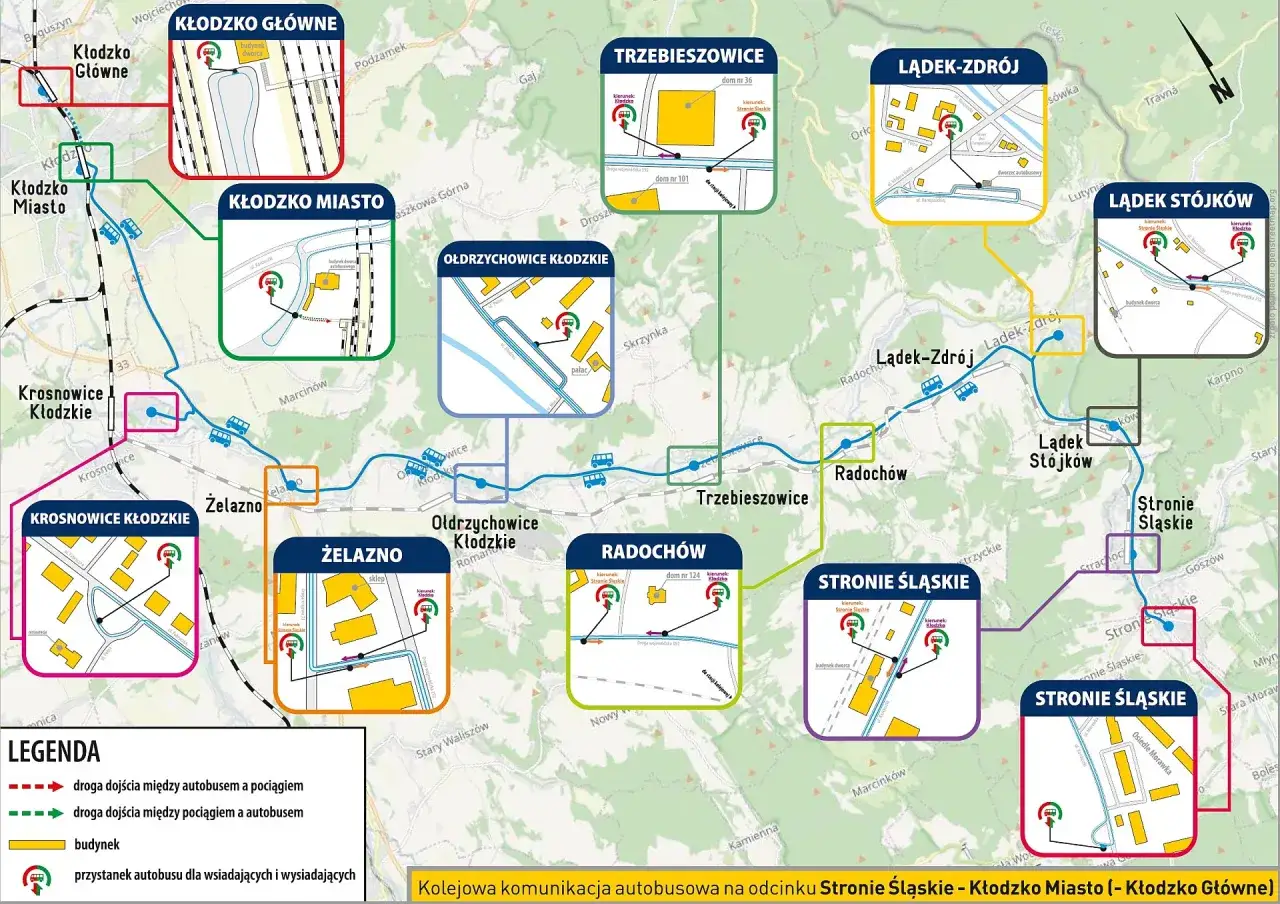 Mapa pokazuje, gdzie jest teraz pociąg i autobusy na trasie Kłodzko - Stronie Śląskie.
