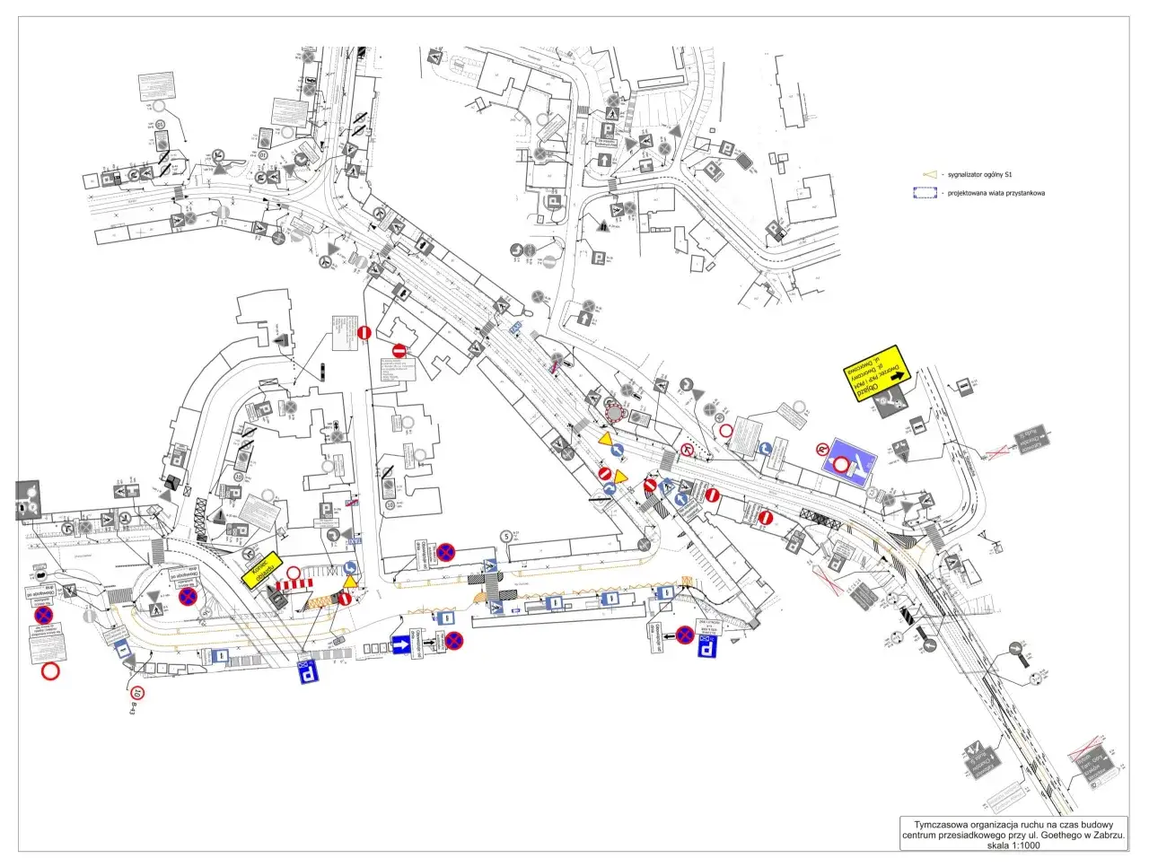 Mapa tymczasowej organizacji ruchu na czas budowy centrum przesiadkowego przy ul. Goethego w Zabrzu.