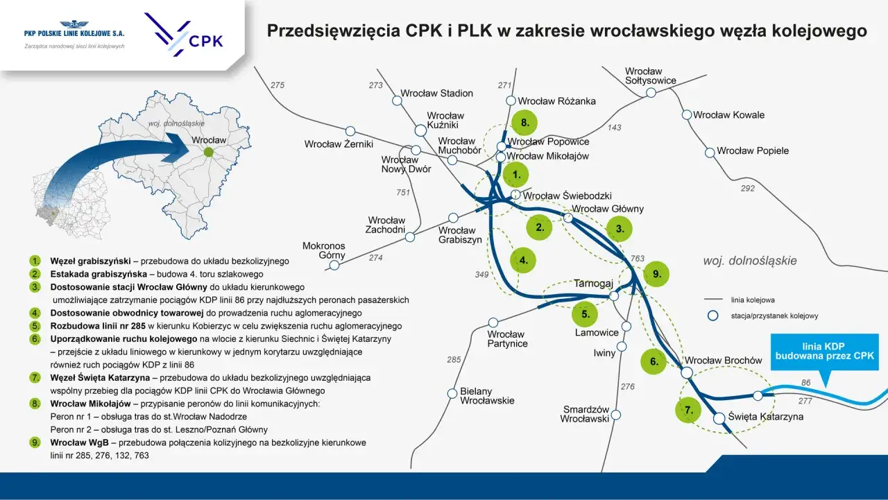 Mapa przedstawia inwestycje CPK i PLK w zakresie wrocławskiego węzła kolejowego, w tym modernizację linii, która usprawni ruch pociągów Nysa Wrocław.