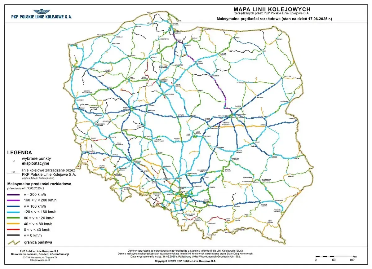 Mapa kolejowa Polski z zaznaczonymi maksymalnymi prędkościami rozkładowymi. Sprawdź, ile jedzie Intercity na godzinę na poszczególnych trasach.
