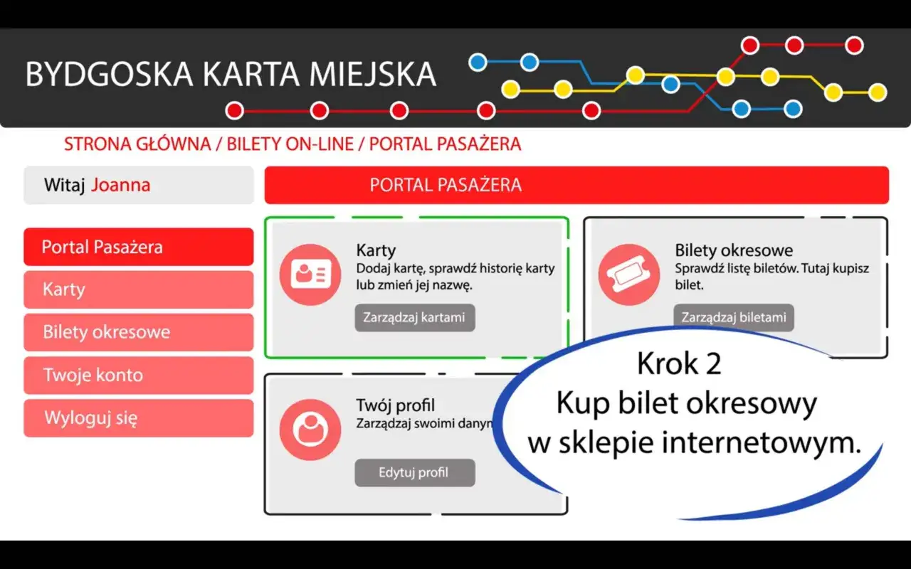 Bydgoska Karta Miejska: jak działa bilet miesięczny? Portal Pasażera pozwala na zarządzanie kartami, biletami okresowymi i kontem.