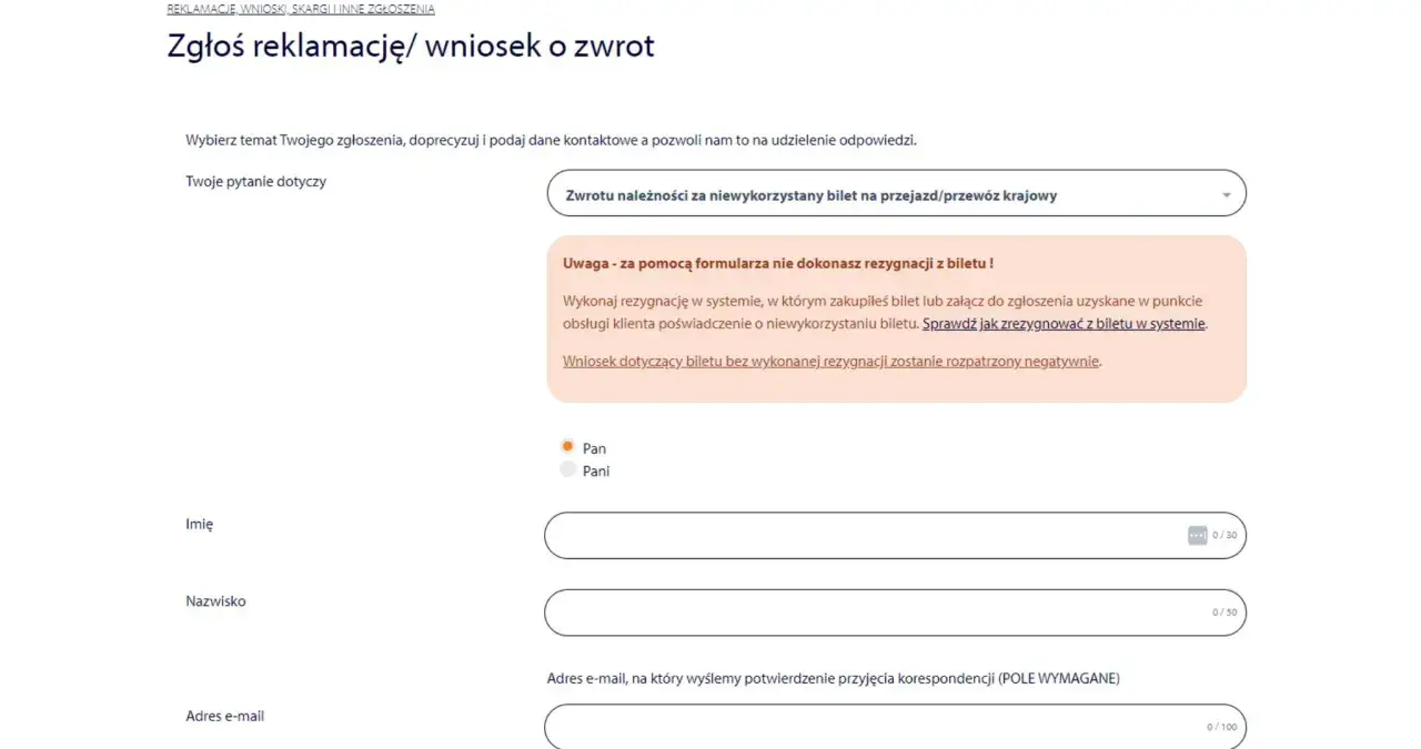 Formularz zgłoszeniowy PKP. Czy da się zwrócić bilet PKP po odjeździe pociągu? Informacja o rezygnacji z biletu.