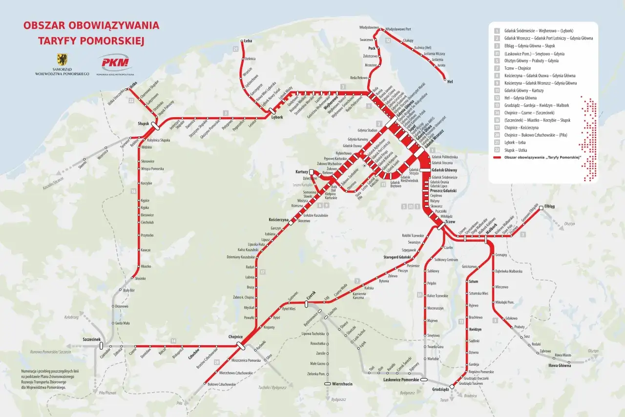 Mapa Polski z zaznaczonym Pobierowem i Kamieniem Pomorskim oraz trasą pociąg-autobus