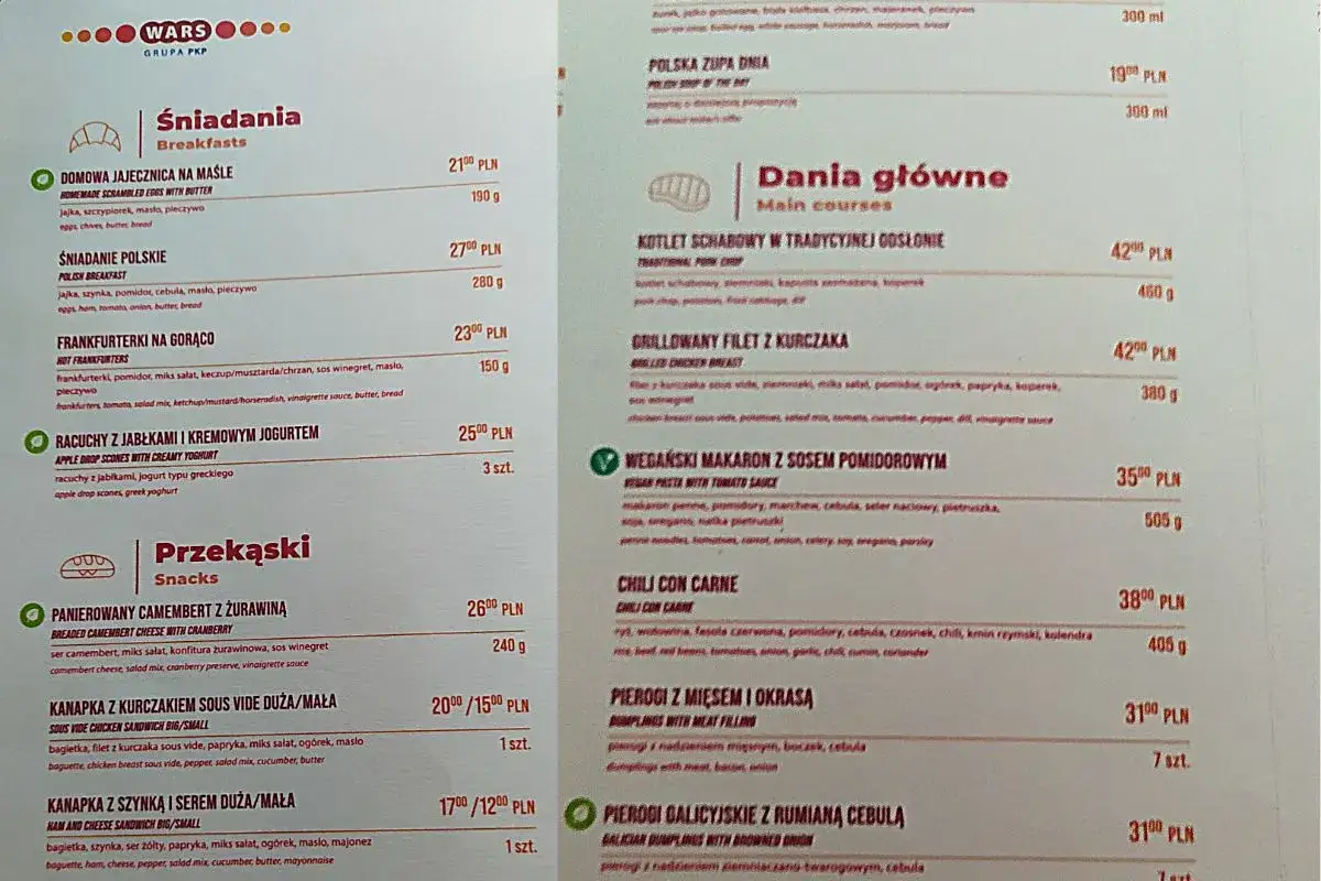 Menu Wars z daniami głównymi, przekąskami i śniadaniami. W ofercie m.in. kotlet schabowy, grillowany filet z kurczaka, wegański makaron, pierogi.