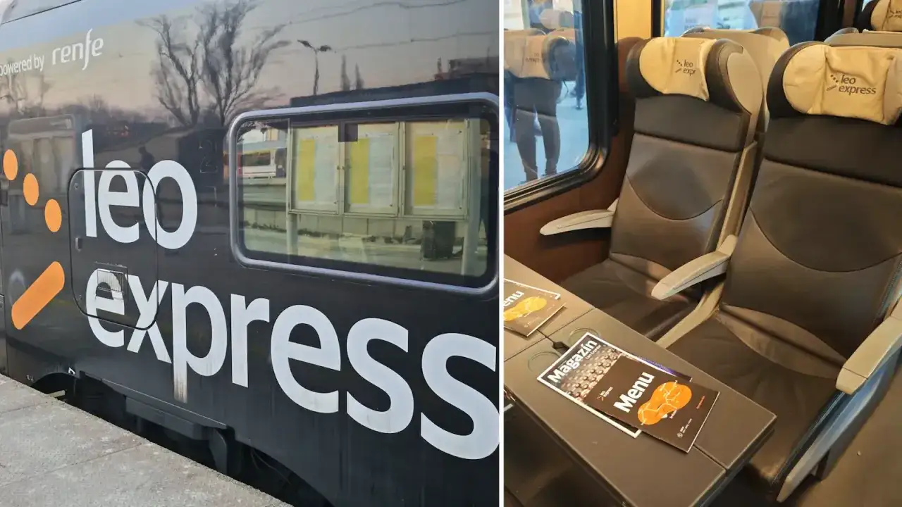 Pociąg Leo Express na trasie Warszawa-Kraków. Wygodne fotele i magazyn pokładowy.
