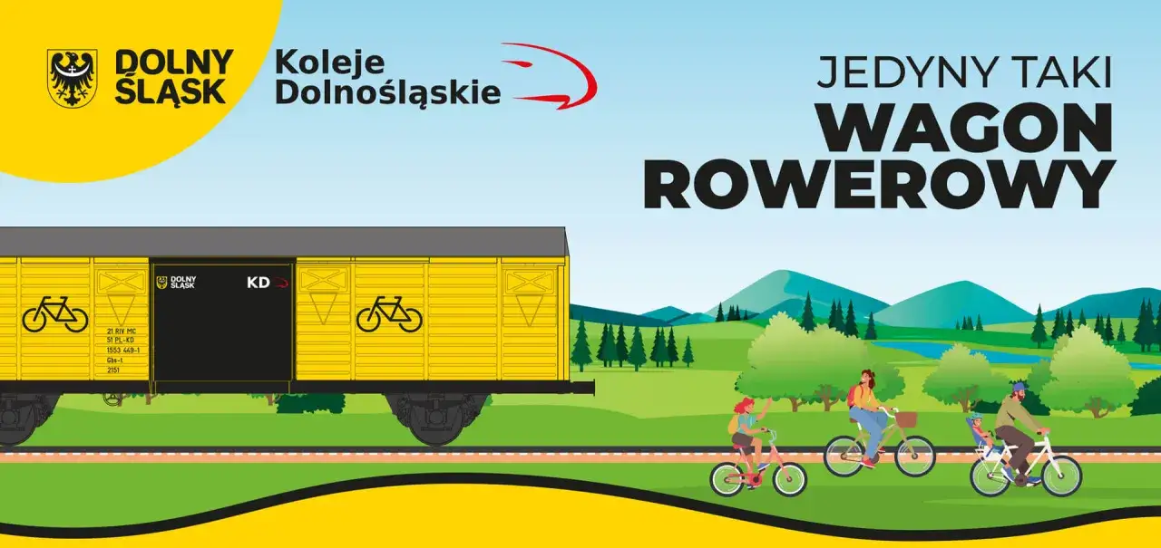 Żółty wagon rowerowy Kolei Dolnośląskich z symbolami rowerów. Obok jadą ludzie na rowerach przez malowniczy krajobraz.