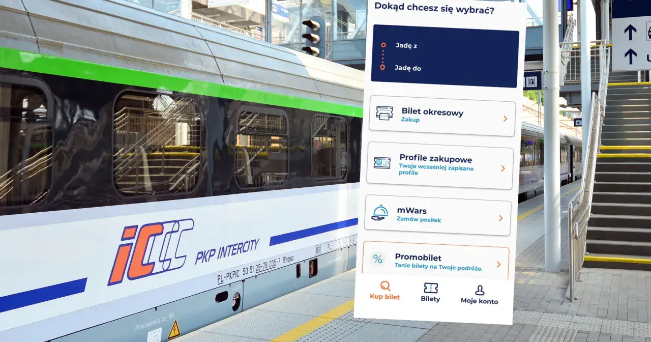 Aplikacja PKP Intercity pokazuje, jak zmienić dane pasażera na bilecie. Widok z pociągiem PKP Intercity.