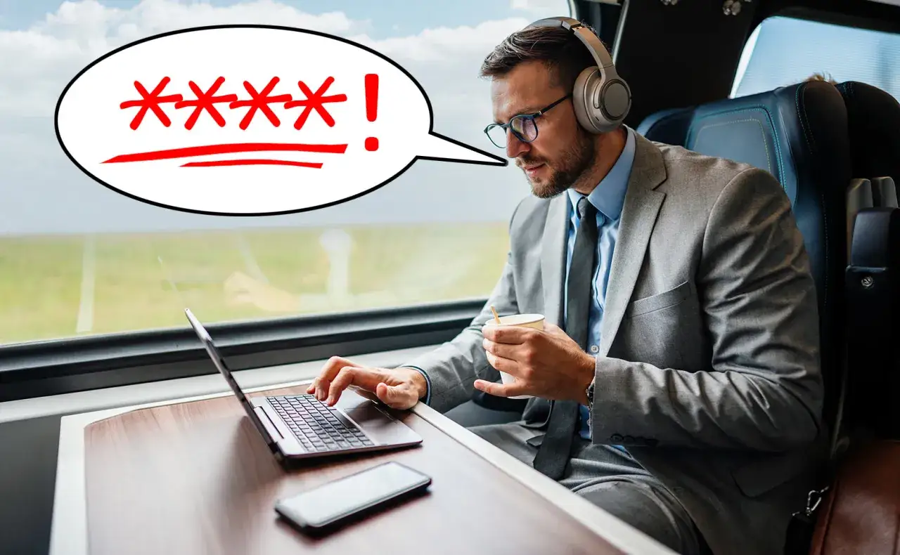 Mężczyzna w garniturze próbuje połączyć się z wifi Intercity, ale hasło jest nieprawidłowe.