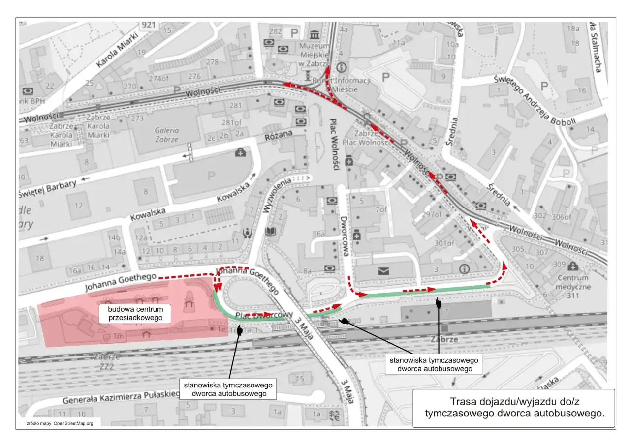 Mapa Zabrza z zaznaczoną trasą dojazdu/wyjazdu do tymczasowego dworca autobusowego. Widać budowę centrum przesiadkowego.