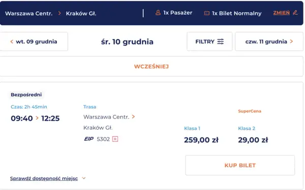 Promocje na bilety PKP: Warszawa - Kraków, śr. 10 grudnia. SuperCena na klasę 2 za 29 zł.
